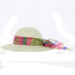 Capeline Paille Foulard Rose et Bleu - Traclet