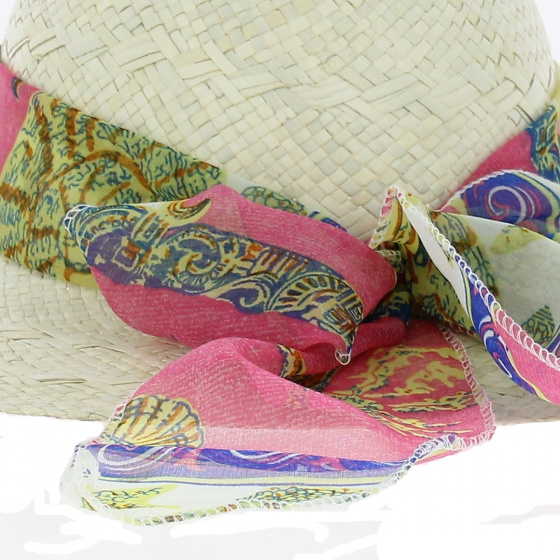 Wide-Brim Straw Hat with Pink and Blue Scarf - Traclet