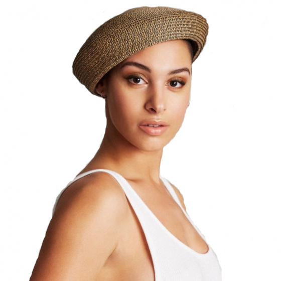 Audrey Paper Straw Beret Beige & Navy - Brixton