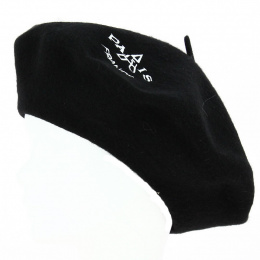Paris Beret with Eiffel Tower Embroidery Black Wool - Traclet