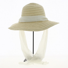 Cloche Hat / Floppy Hat Manly Paper Straw Ribbon White - Traclet