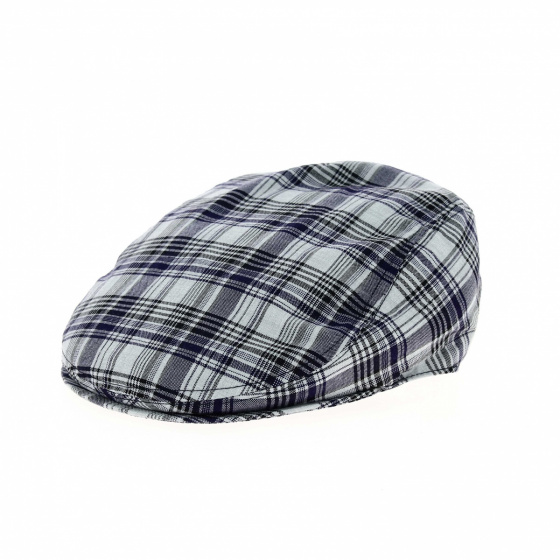 Blue and Gray Checkered Cotton Flat Cap - Traclet