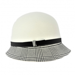 White and Houndstooth Wool Felt Cloche Hat - Traclet