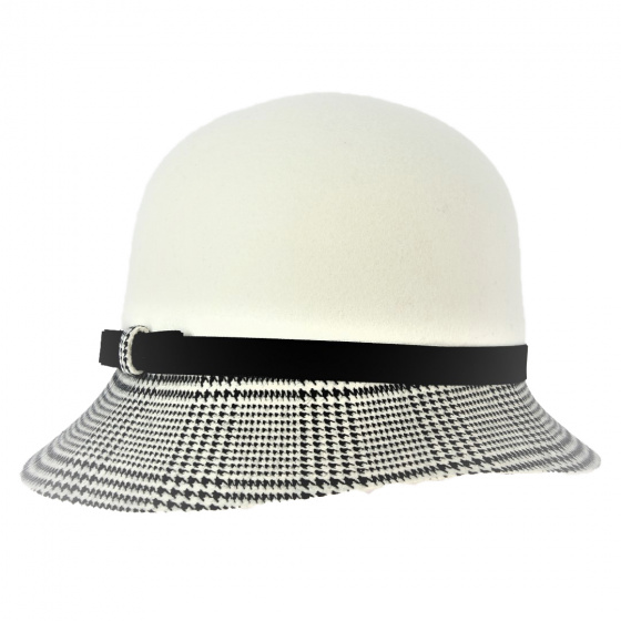 Chapeau cloche Feutre Laine Blanc et Pied de poule - Traclet