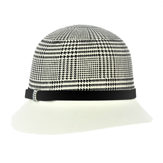 Houndstooth and White Wool Felt Cloche Hat - Traclet