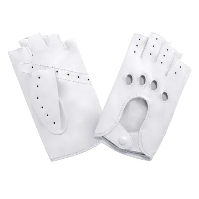 Women's White Leather Driving Fingerless Gloves - Glove Story Reference: 18667 | Chapellerie Traclet