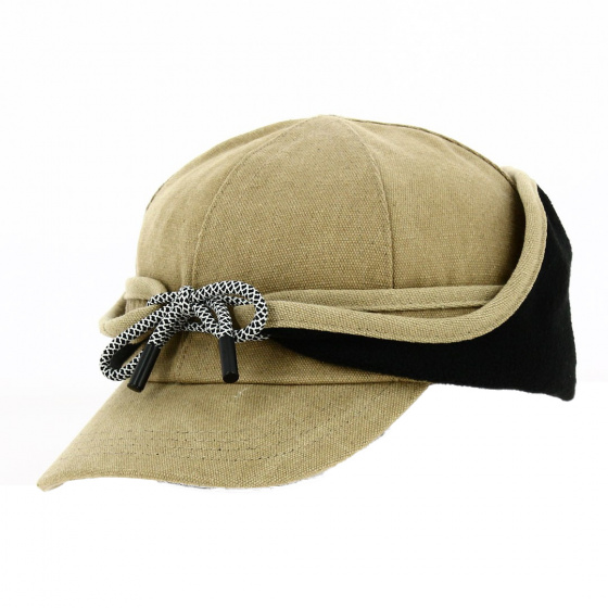 Beige Cotton Baseball Cap with Earflaps - Traclet