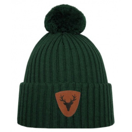 Caribou Merino Wool Beanie with Pom-Pom in Pine Green - Super Yellow