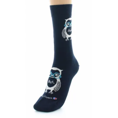 Owl Navy Cotton Socks Made in France - Dagobert Reference: 18914| Traclet Hat Shop