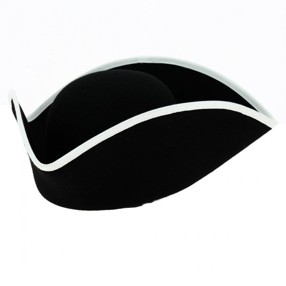 Large Black Wool Felt Tricorn with White Border - Traclet