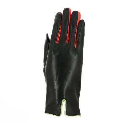 Women's Black and Red Silk-Lined Leather Gloves - Caridel Reference: 17477