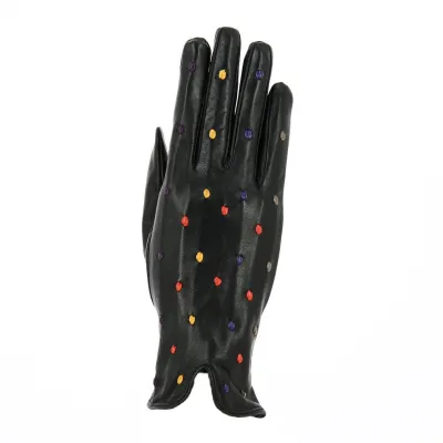 Women's Black Leather Gloves with Colored Dots - Caridel Reference: 15268