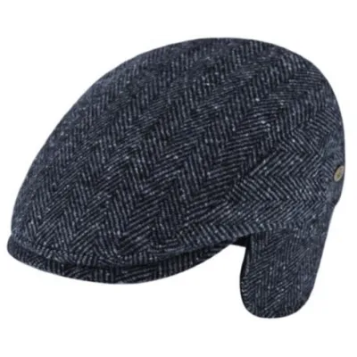 Navy Herringbone Wool Jerzu Flat Cap with Ear Flaps - Traclet Reference: 19268| Traclet Hatters
