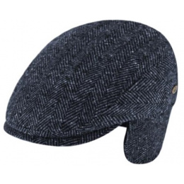 Navy Herringbone Wool Jerzu Flat Cap with Ear Flaps - Traclet