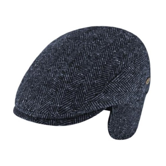 Navy Herringbone Wool Jerzu Flat Cap with Ear Flaps - Traclet