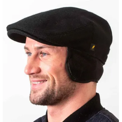 Flat Cap Dubliner Ear Flaps Black Wool - Hatman ref 19324 - Traclet Hat Shop