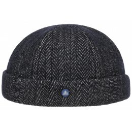 Navy Herringbone Wool Docker Beanie - Hammaburg