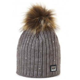 Merry Diamond Rhinestone Taupe Pompom Beanie - Pipolaki