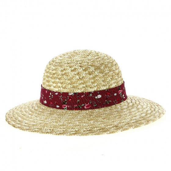Géraldine Straw Wide-Brimmed Hat with red ribbon - Traclet