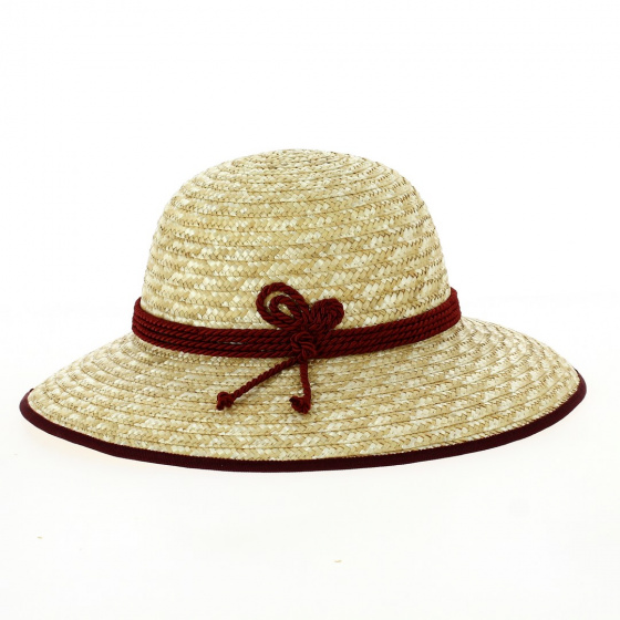 Geraldine Burgundy-Trimmed Straw Wide-Brimmed Hat - Traclet