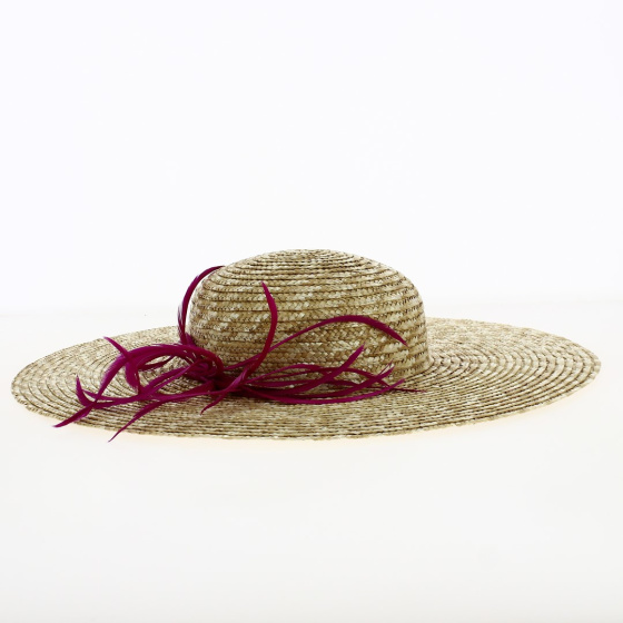 Natural straw wide-brimmed hat with Burgundy bow - TRACLET Creation