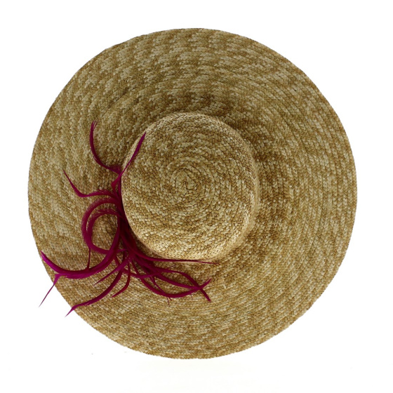 Natural straw wide-brimmed hat with Burgundy bow - TRACLET Creation