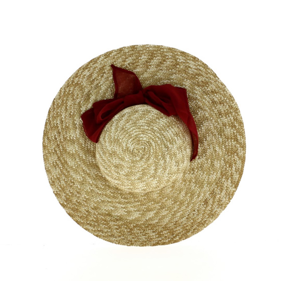 Natural straw wide-brimmed hat with Burgundy bow - TRACLET Creation