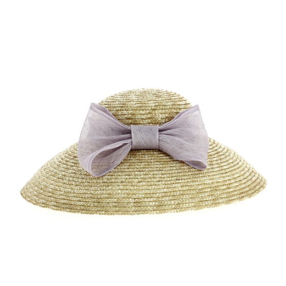 Natural straw lampshade wide-brimmed hat with violet hemp bow - TRACLET Creation