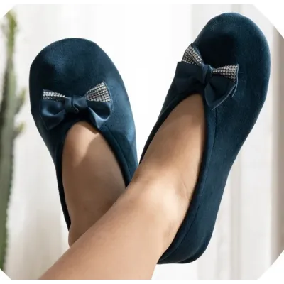 Chaussons Ballerines Femme Nœud Strass Bleu Canard - Isotoner