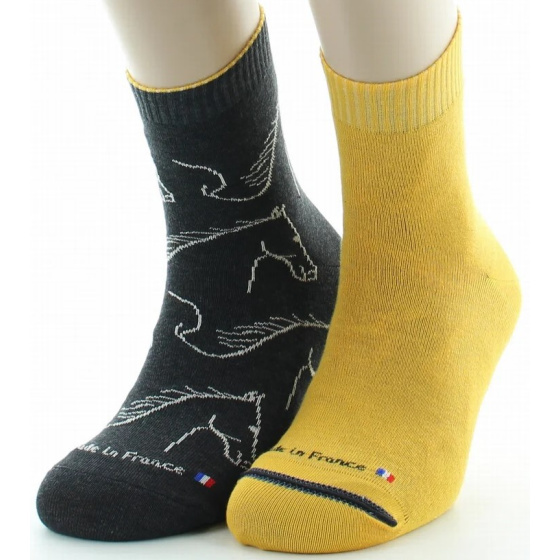 Anthracite & Yellow Reversible Horse Socks Made in France - Dagobert