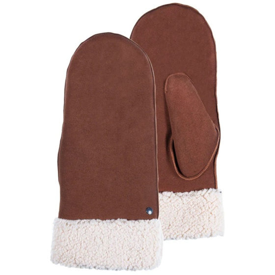 Women's Leather Mittens with Faux Fur Cognac - Isotoner