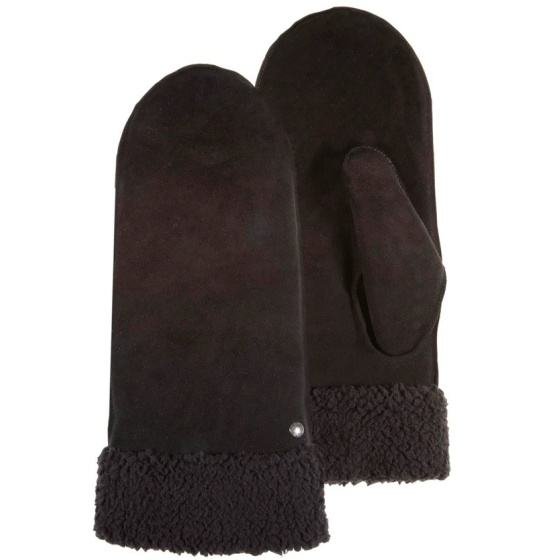 Women's Black Leather Mittens with Faux Fur - Isotoner