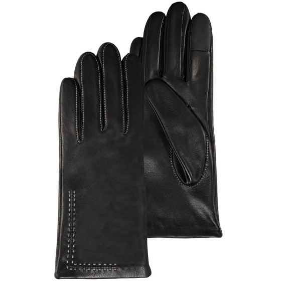 Women's Black Leather Gloves with Silk Lining and Topstitching - Isotoner