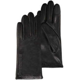 Women's Navy Leather Gloves with Silk Lining and Topstitching - Isotoner