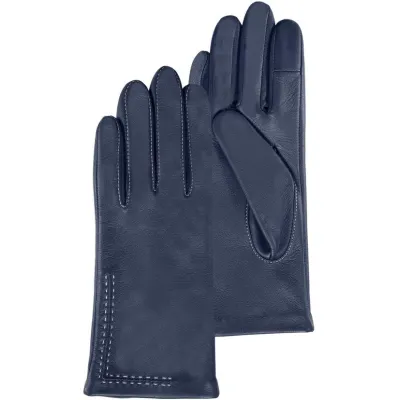 Women's Navy Leather Gloves with Silk Lining and Topstitching - Isotoner Reference: 21078| Traclet Hatshop