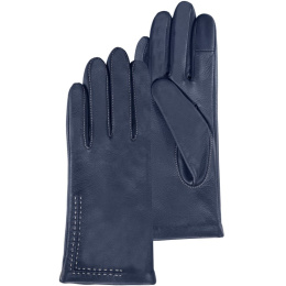 Women's Navy Leather Gloves with Silk Lining and Topstitching - Isotoner