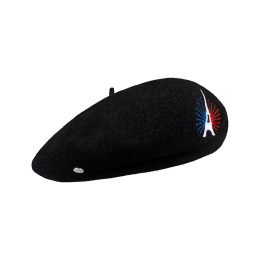 Paris Beret with Eiffel Tower embroidery Black Wool - Laulhere