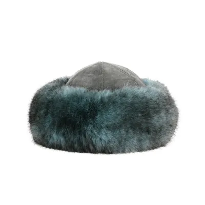 Toque Femme Irena Fausse Fourrure Turquoise & Cuir Grise - Traclet