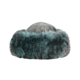 Irena Women's Toque in Turquoise Faux Fur & Gray Leather - Traclet
