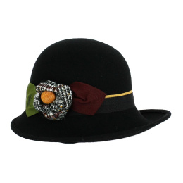 Black wool felt hat with Multicolored Flower - Marone