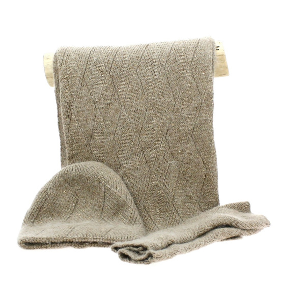 Ensemble Bonnet - Écharpe & Gants tricote beige paillettes- Traclet