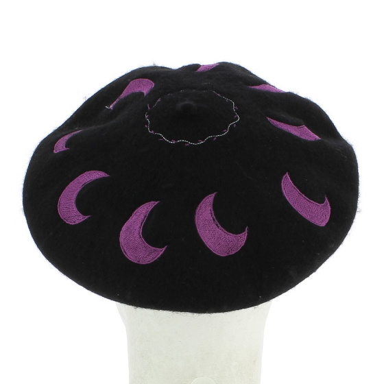 Black Basque Beret with Pink Moon Motifs and Embroidered Moon Black Basque Beret with Pink Moon Motifs and Embroidered Moon