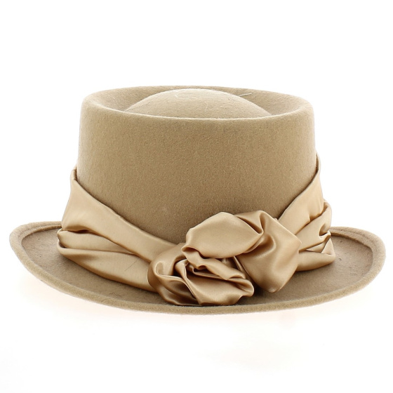 Beige Top Hat with Satin Ribbon
