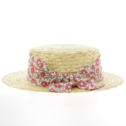 Natural Straw Boater Hat with Red Liberty Print