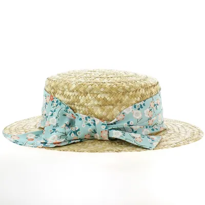 Natural Straw Boater Hat Sky Flower