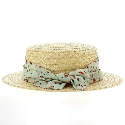 Natural Straw Boater Hat - Floral Ribbon