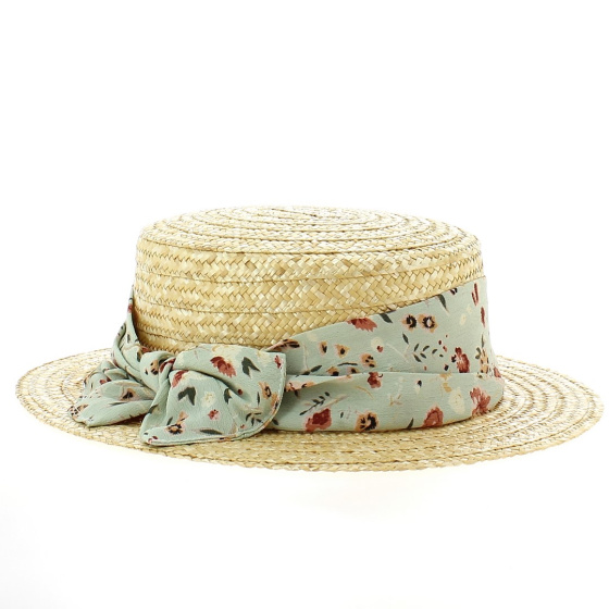 Natural Straw Boater Hat - Floral Ribbon