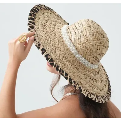 Summer Wide Brim Pearl Hat with Leopard Trim - Traclet reference 22203 traclet hatters
