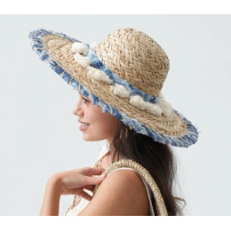Summer Wide-Brimmed Hat Dalia Straw With Pompoms And Borders - Traclet