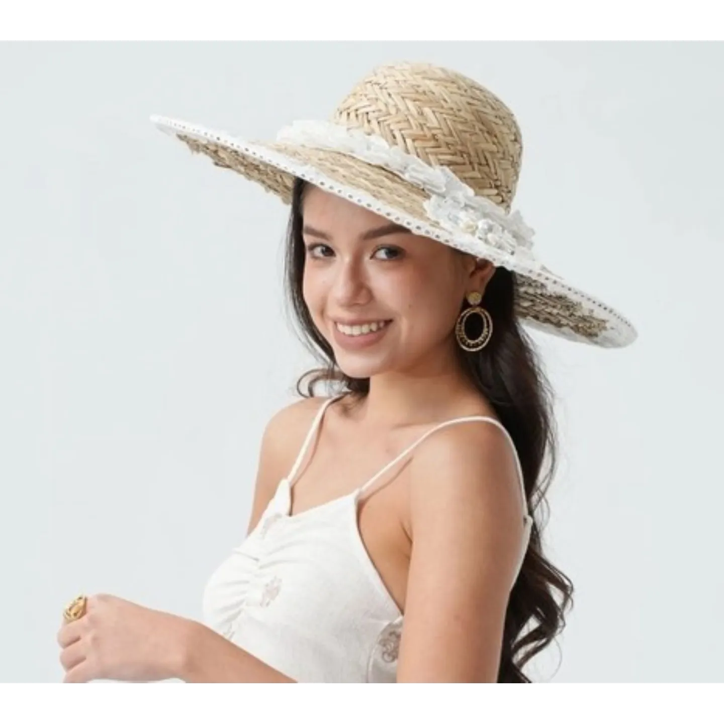 Summer Wide-Brimmed Hat Serena Straw with Lace and Pearls - Traclet reference 22200 traclet hat shop